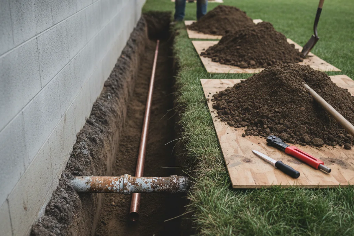 Excavated water line trench during Water Softener Installation in Ursa